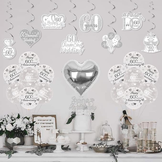 60th Diamond Wedding Anniversary Decorations, Glitter Banner, Cake Topper, Hanging Swirl, Silver Heart-shaped Love Foil Balloons, Festival Celebration Party Supplies Sets