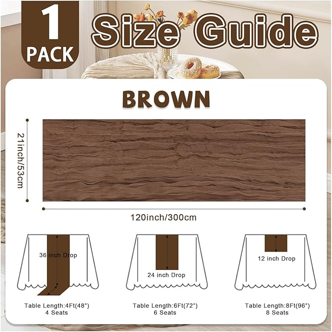 Brown Cheesecloth Table Runner 21x120 Inch Gauze Table Runners Reusable Polyester 10ft Boho Rustic Cheese Cloth Table Runner for Wedding Party Baby Shower Birthday