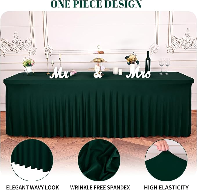 fani 6 Packs Emerald Green Stretch Table Skirts for 8 Foot Rectangle Table, Washable Spandex Stretch Tablecloths with Skirt, Wrinkle Resistant Fitted Tablecover for Wedding Party Banquet