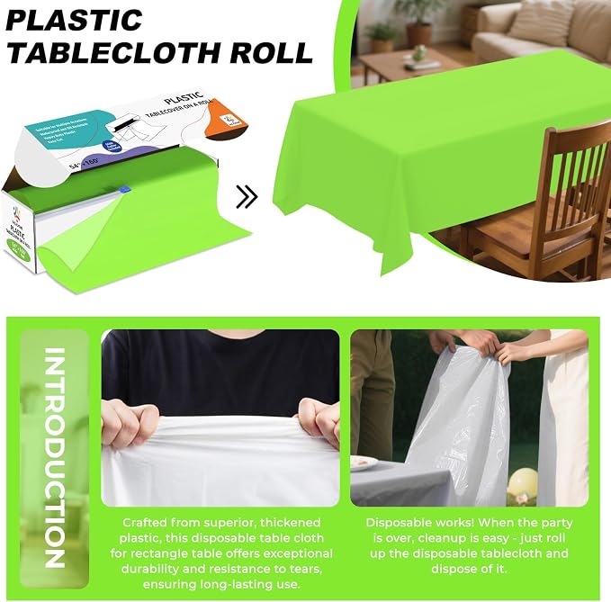 54IN X 160FT Plastic Table Cover Roll with Cutter Box, Cut to Size Plastic Table Cloths for Parties, Birthday, Disposable Tablecloth Roll for All Shape Tables (Lime Green, 54 Inch X 160 Feet)
