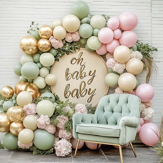 Dusty Green Pink Balloon Arch Double Stuffed, Sage Mint Green Baby Pink White Sand Cream Gold Pastel Balloon Garland Kit for Baby in Bloom Birthday Wedding Easter Dinosaur Valentines Party