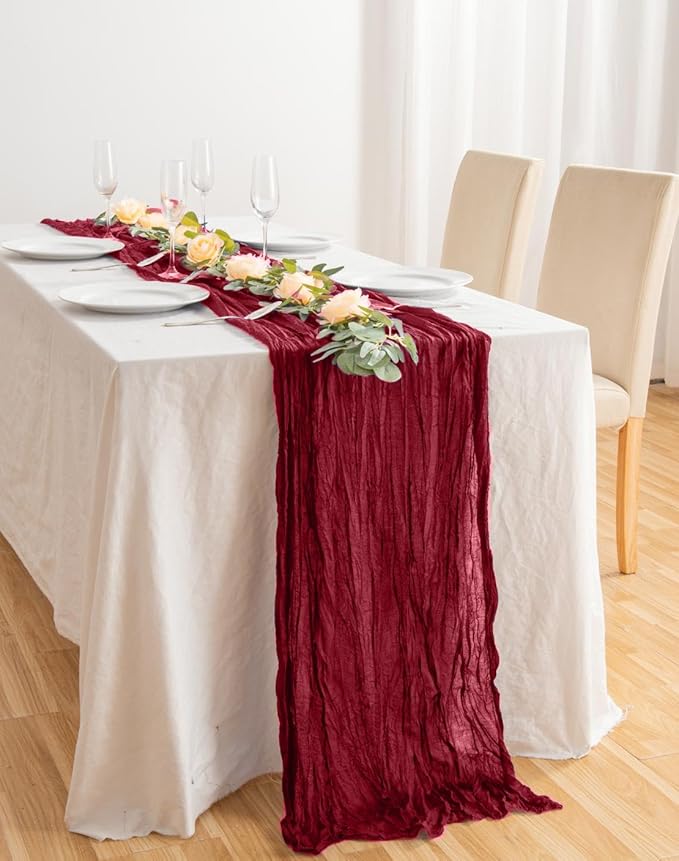 8 Pack 10Ft Table Runner 35x120 inch Burgundy Boho Gauze Table Cheese Cloth Long Wrinkled Sheer Table Runner for Wedding Bridal Shower Birthday Party Table Decor