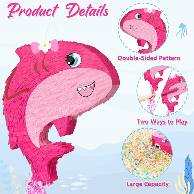 WERNNSAI Pink Shark Piñata - Girl Shark Party Piñata Game Ocean Birthday Decor Baby Shower Party Favors Under the Sea Classroom Decor Home Family Fun with Blindfold Bat
