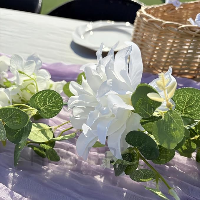 Artificial Flower Garland，6.5Ft Fake Dahlia Rose Flowers Garland Floral Eucalyptus Greenery Vine for Wedding Arch，Table Runner Centerpieces Backdrop Room Wall Hanging Plant Decor（White）