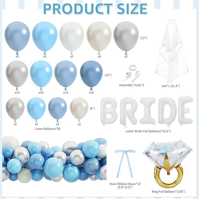 THAWAY Last Toast on The Coast Bachelorette Party Decorations - 139Pcs Coastal Blue Bridal Shower Decor Set with Backdrop, Tablecloth, Balloon Arch Kit, Bride Veil & Sash for Beach Wedding Decorations
