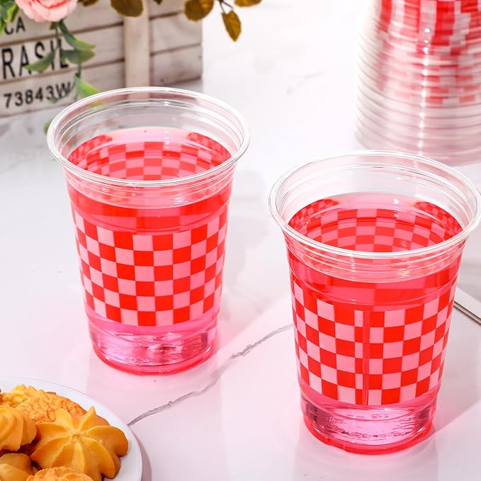100 Pcs Red and White Checkered Cups 16 oz Disposable Red Gingham Plaid Plastic Cups Bulk for Picnic BBQ Decorations Racing Themed Birthday Party Supplies Carnival