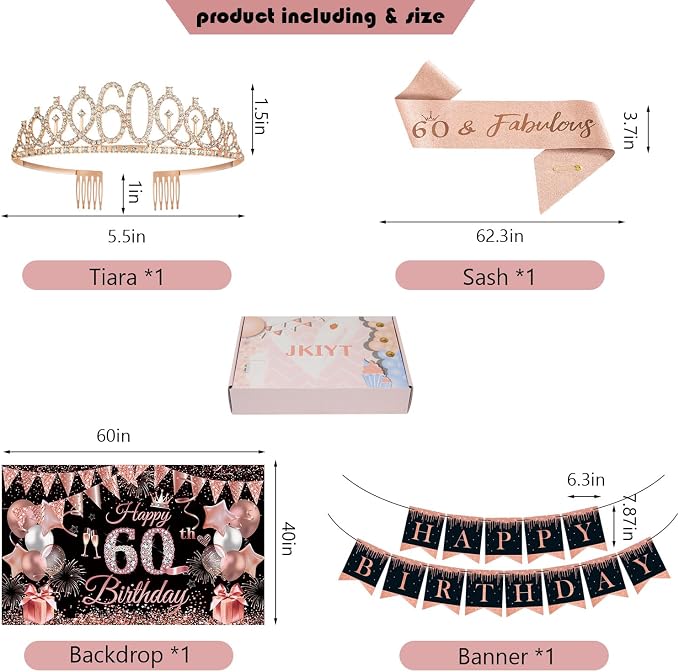 60th Birthday Decorations for Women, JKIYT Black Rose Gold Happy 60 Years Old Decor for Woman Include Sash and Crown, 30pcs Balloons Banner 40" Number Balloons, Backdrop Cake Topper & Paper Pom Poms