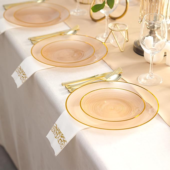 N9R 180PCS Mocha Mousse Plastic Plates with Gold Trim, Disposable Party Dinnerware Set for 30 Guests, Include 30 Dinner & Salad Plates, Napkins, Forks, Spoons and Knives