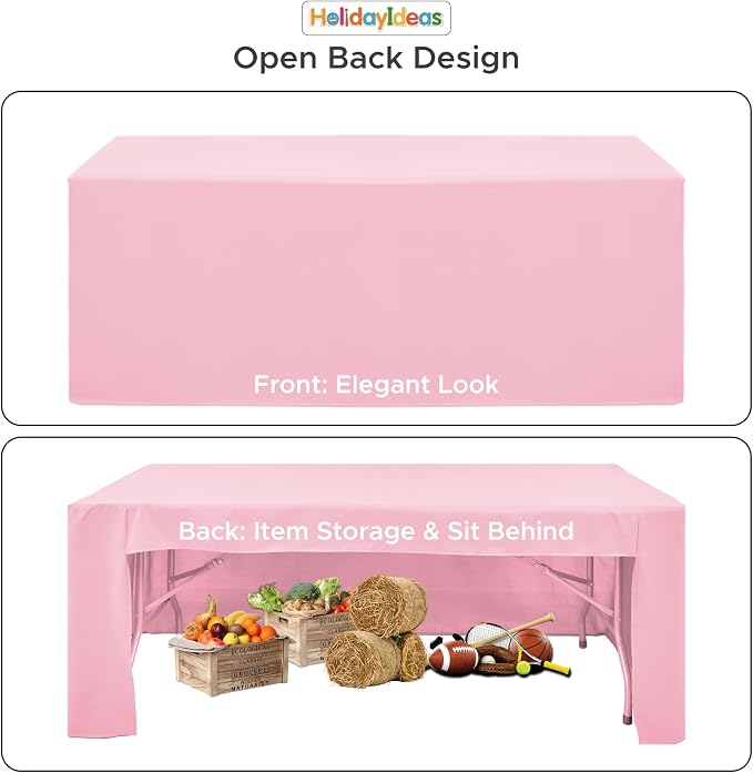 HolidayIdeas 4-Pack 8ft Open Back Fitted Tablecloths for Craft Shows Pink | 3-Sided coverage wrinkle resistant tablecloths for vendor booths,banquet events,outdoor pop-up shop