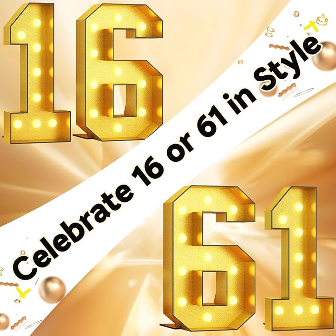 Light Up Number 16, Marquee Light Up Numbers 4FT Gold, Large Led Numbers Lights for Sweet 16th Birthday, 4 Feet Tall DIY Frame Pre-Cut Foam Board Kit for Night Light Party Anniversary Decorations