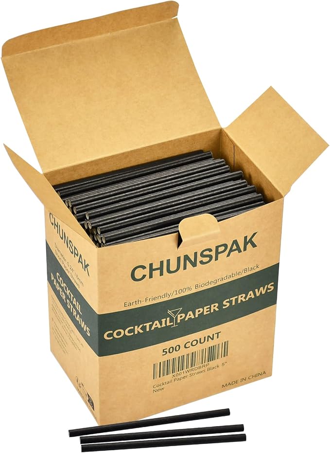 Paper Cocktail Straws 5 inch - 500 ct. Biodegradable Small Black Paper Drinking Straws Bulk for Short Drinks, Restaurant, Bar, Food Services