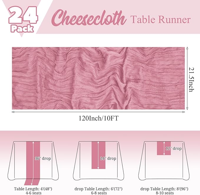 24 Pack Dusty Rose Table Runner 10Ft Cheesecloth Table Runner Rustic Gauze Table Runners Romantic Long Sheer Fabric Cheese Cloth Table Runners for Wedding Party Bridal Baby Shower