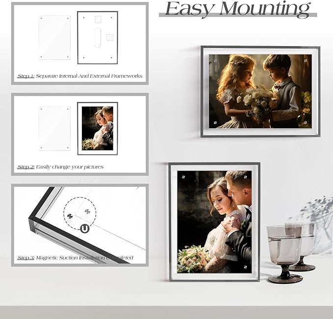 TWING 5x7 Picture Frame, Acrylic Photo Frame Self Standing Magnetic Color Floating Picture Frame Use as 5x7, 5x5, 4x6 - Horizontal and Vertical Formats for Wall and Tabletop Display, Grey, 1 Pack