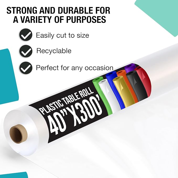 Party Solids 66% Thicker Premium Clear Plastic Table Cover Roll 40" X 300' Table Cloth Plastic Cover Roll Quality Thick Banquet Rolls Disposable Tablecloth Rolls Strong American Based Company