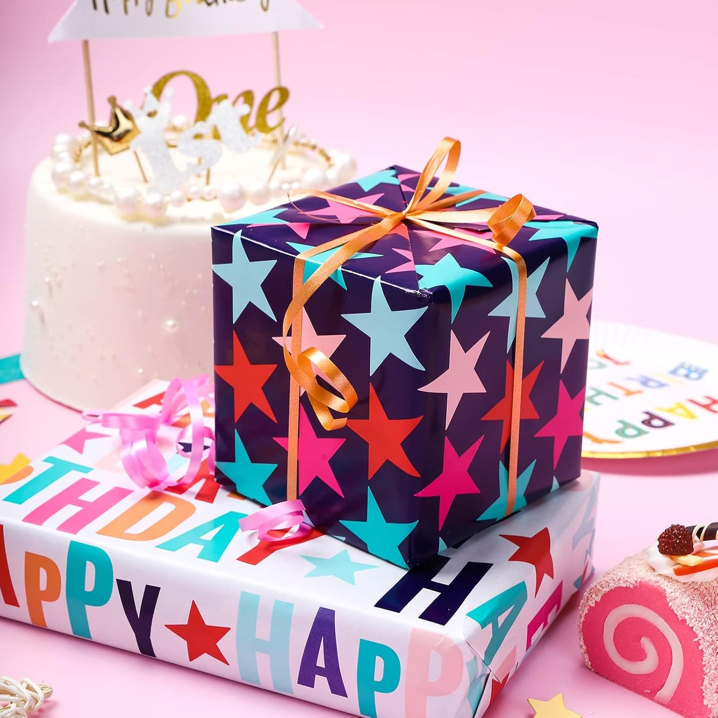 LeZakaa Reversible Stars Birthday Wrapping Paper Roll, Happy Birthday Lettering & Colorful Star, for Boys Girls, Mini Roll, 17 inches x 32.8 Feet (46.45 sq.ft.)