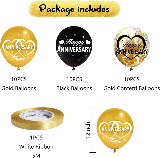 30Pcs Happy Anniversary Balloons Decorations Kit, 12 Inch Black Gold Happy Wedding Anniversary Latex Confetti Balloons Party Supplies, 10th 20th 30th 40th 50th 60th Indoor Outdoor