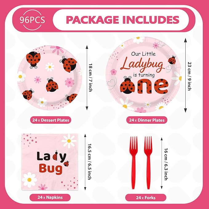 96 Pcs Ladybug 1st Birthday Decorations Pink Bug Plates and Napkins Disposable Tableware Set Cute Bug First Birthday Decoration for One Year Old Girls Ladybug Theme Birthdays Party Supplies Serves 24
