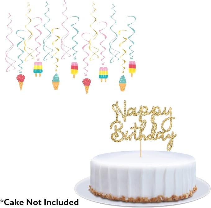 Serves 24 Complete Ice Cream Party Supplies Includes Plates Napkins, Table Covers, Balloons, Swirls, Happy Birthday Banner, Cake Topper, Candles, Straws Ideal for Ice Cream Popsicle Theme Party