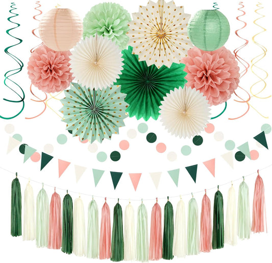 Sage-Olive Green Pink-Beige Boho Party-Decorations - 33pcs Birthday Streamers Tassel Garland,Banner Tissue Pom Poms,Paper Lantern Fans,Rustic Neutral Wedding Baby Bridal Shower Engagement Decor Hugtmr
