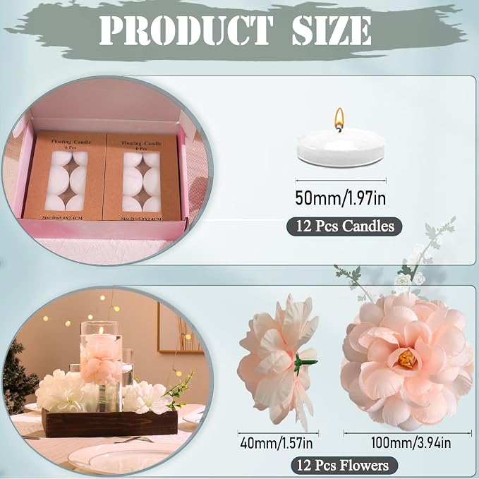 24 Pcs Floating Candles for Centerpieces and Floating Flowers Artificial Flowers Head Vase Filler for Party Home Table Wedding Centerpieces Decoration (Blush Pink)