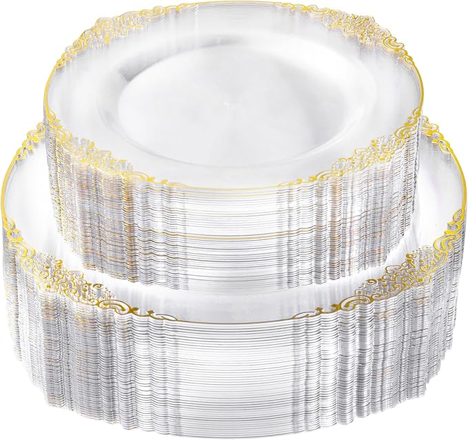 Bestluck 100 PCS Clear and Gold Plastic Plates for 50 Guests, Clear Disposable Plates Include 50 PCS Dinner Plates, 50 PCS Dessert Plates for Party, Wedding