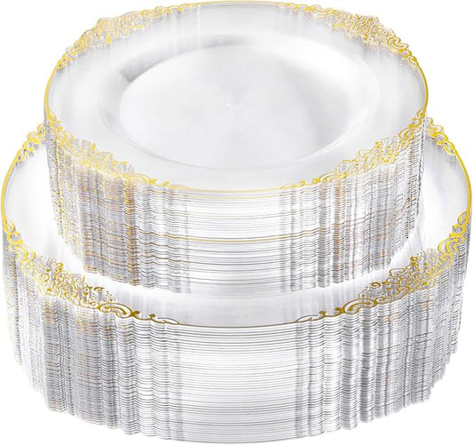 Bestluck 100 PCS Clear and Gold Plastic Plates for 50 Guests, Clear Disposable Plates Include 50 PCS Dinner Plates, 50 PCS Dessert Plates for Party, Wedding