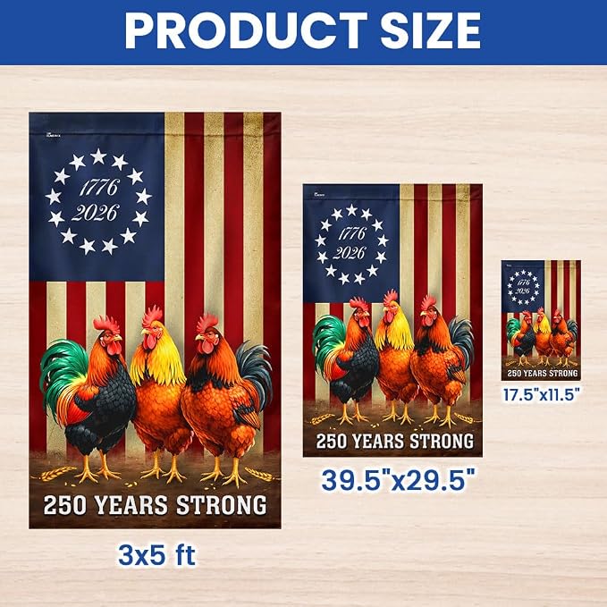American Flag-250 Years Strong 1776 2026 Chicken Flag, Patriotic Rooster Farm Decor, Garden Flag (11.5" x 17.5")-USA Premium Polyester