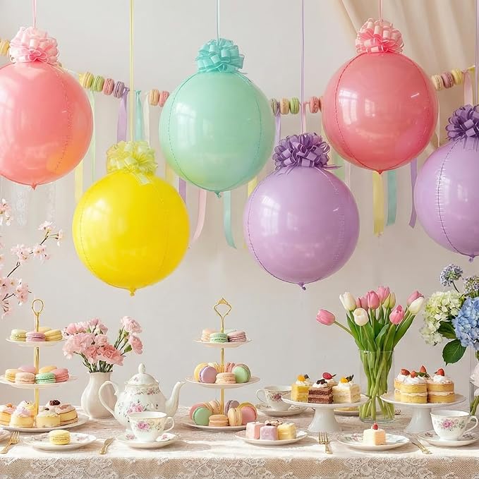 8pack Pastel Rainbow 4D Orb Ornament Balloons with 16 Pull Ribbon Gift Bows –Total 24pcs Macaron Decor Ceiling Hanging Balloon Set for Unicorn Birthday Baby Shower & Spring Tea Party Decor