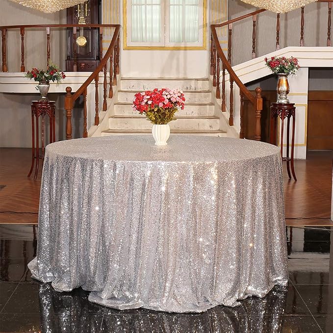 Juya Delight 120-Inch Round Silver Sequin Tablecloth for Wedding Birthday Party Festival Ceremony Dessert Table