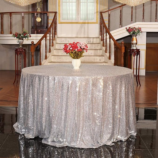 Juya Delight 120-Inch Round Silver Sequin Tablecloth for Wedding Birthday Party Festival Ceremony Dessert Table