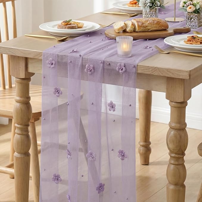 Artoid Mode Purple Flower Pearl Purple Gauze Table Runner 10FT, Seasonal Sheer Dining Holiday Wedding Birthday Baby Shower Table Decor for Home Party