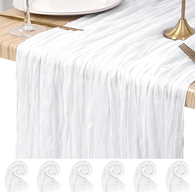 6 Pack Cheesecloth Table Runner White 10Ft Rustic Boho Gauze Table Runner Romantic Long Sheer Fabric Cheesecloth Table Runner for Wedding Festival Birthday Anniversary Dinner Outdoor Events