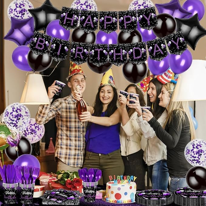 219Pcs Purple Black Birthday Decorations Party Supplies for Women Men Girls Purple and Silver Birthday Plates Napkins Cups Tableware Set with Banner Tablecloth Confetti Balloons, Serves 24