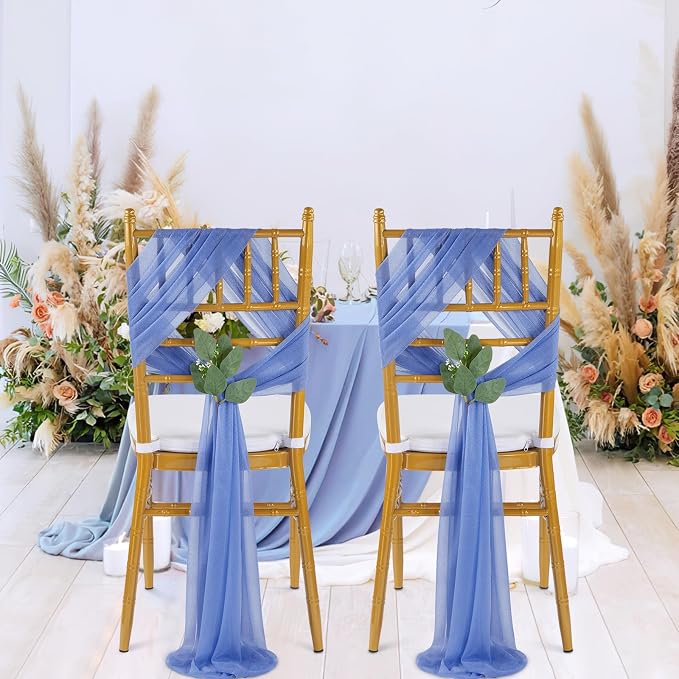 QueenDream Dusty Blue Sashes Wedding Chair Decorations: 50PCS Tulle Cover Bands Aisle Sheer Chair Bows for Birthday Party Banquet