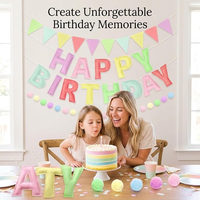 GOOGO Felt Happy Birthday Banner Set, Pastel Pre-Strung Party Decorations with Letter Banner, Felt Ball Garland and Pennant Flags for Girls and Women Birthday Decor