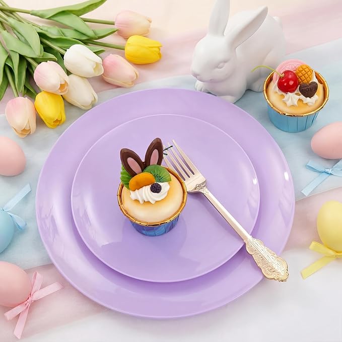 KIRE 60PCS Purple Plastic Plates Disposable - Heavy Duty Purple Plates Include 30Pcs 10.25” Dinner and 30Pcs 7.5” for Dessert/Salad - for Wedding/Bridal Shower