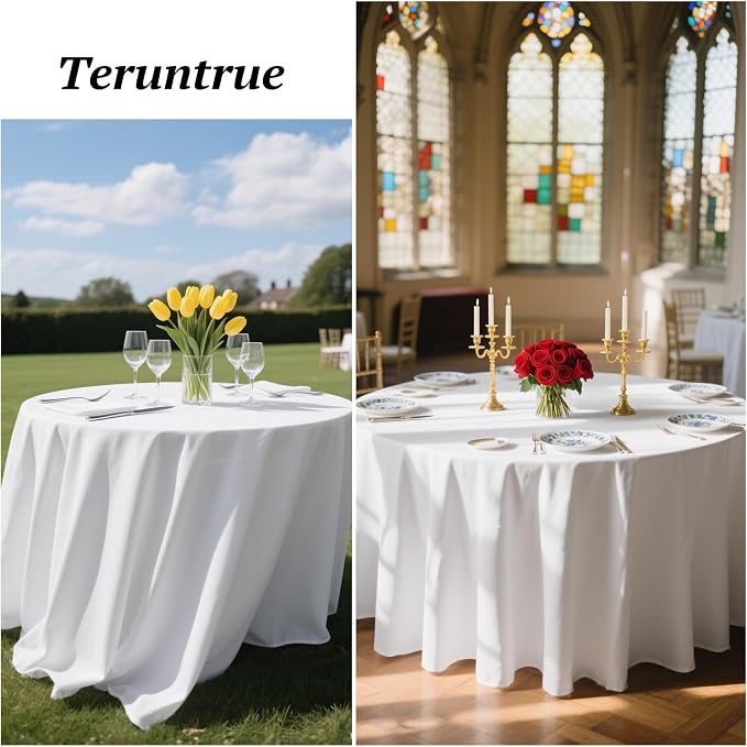 Teruntrue 12 Packs White Round Tablecloths 120 inch Round Table Cloth, Washable Polyester Fabric for Wedding Parties Banquet Holiday Dinner Table Decorative, White