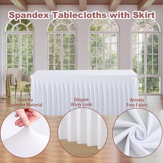 3 Pack White Spandex Table Cloths for 6 Foot Rectangle Tables, Wrinkle Free Fitted Table Covers 6 Ft Stretch Polyester Tablecloths with Skirt for Party Banquet Wedding Birthday Christmas