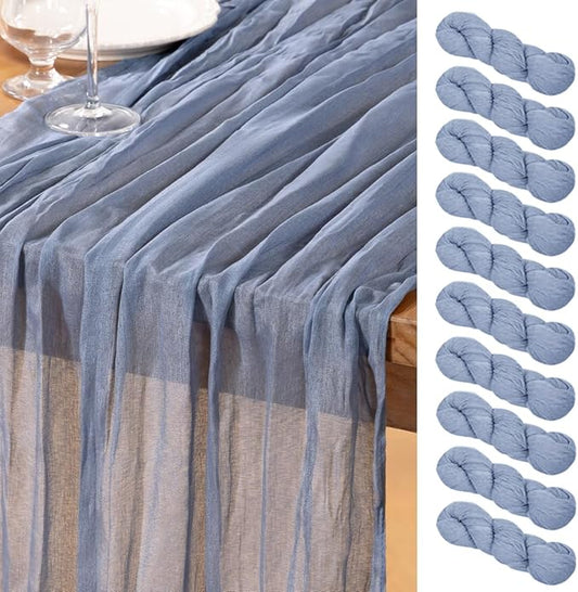 DeZerlor Dusty Blue Cheesecloth Table Runner 10 Pack Spring Easter Table Runners Boho Gauze 120 Inches Blue Table Decor for Wedding Bridal Baby Shower Parties