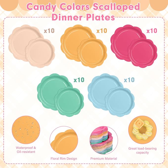 350 Pcs Candy Colors Party Plates and Napkins Party Supplies - Colorful Birthday Decoration Include Candy Colors Scalloped Plate Napkin Cup & Cutlery for Baby Shower, Wedding, Birthday, Bridal Shower