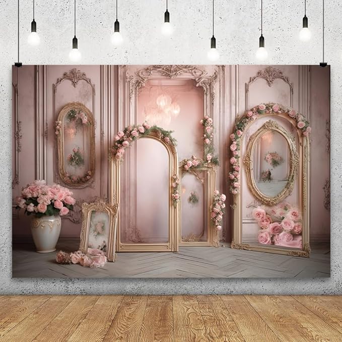 YongFoto European Retro Elegant Room Interior Wall Backdrop 10x6.5ft French Arched Oil Painting Frame Floral Vase Garland Photography Background Wedding Party Home Art Decor Portrait Photoshoot Props