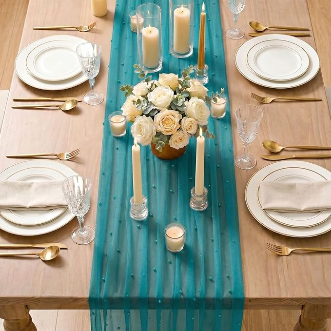 Artoid Mode Pearl Teal Gauze Table Runner 120 Inch 10FT, Seasonal Sheer Dining Holiday Wedding Birthday Baby Shower Table Decor for Home Party
