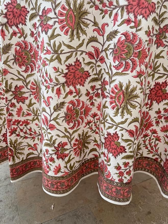 Ridhi Round Tablecloth Hand Block Print 100% Cotton Reusable New York Pink 110 Inch Table Cover Decorative Everyday Use for Dining, Home, Party, Wedding, Farmhouse, Party Gift for Spring, Mother's Day