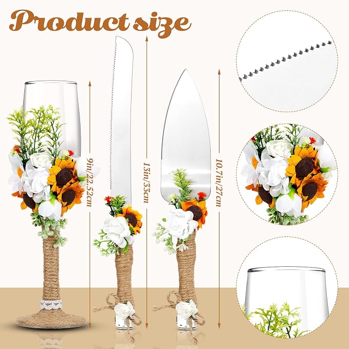 Irenare Rustic Wedding Cake Knife and Server Set with Champagne Glasses Cake Serving Set Rustic Bride and Groom Champagne Flutes Wedding Decorations Supplies(Sunflower Style)
