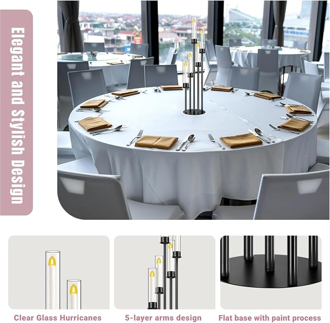 Black Candelabra with Glass Cylinders for Real Candles 5 Head Metal Candle Holder Wedding Centerpiece Ceremony Reception Event Party Home Decoration (1, M)