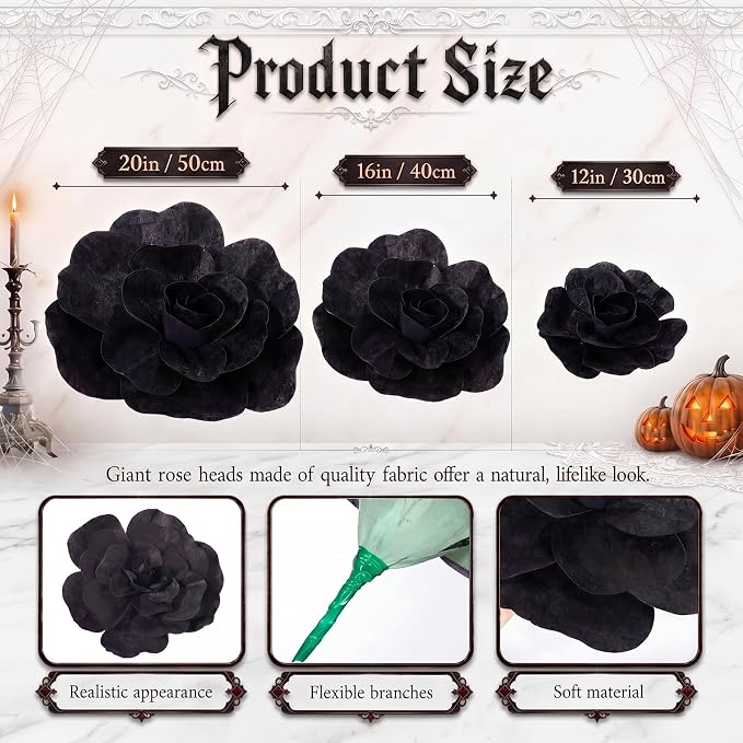 Norme 3 Pcs Giant Black Artificial Roses for Decoration 12 16 20 Inch Large Artificial Flowers Big Paper Flowers for Halloween Wedding Home Decor Anniversary Birthday Gothic Velvet Rose Bulk
