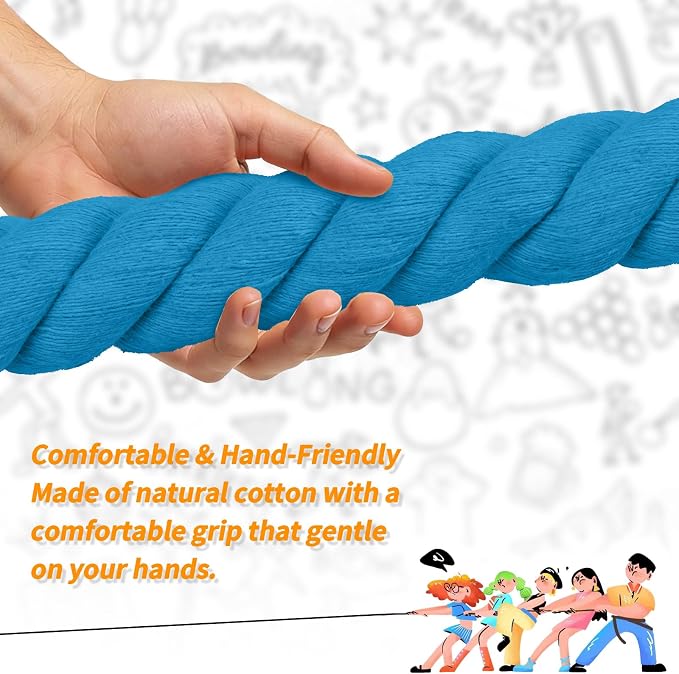 Tug of War Rope for Kids & Adults - 25ft Soft Cotton Outdoor Pulling Rope with Flag for Team Building Activities Field Day Family Reunions Birthday Parties Camping Games- Blue