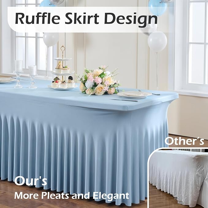 NSSONBEN 2 pk Dusty Blue Spandex Tablecloth for 8 Foot Rectangle Tables,Wrinkle Free Fitted Spandex Table Covers 8ft Stretch Table Cloths with Ruffle Skirt for Parties Weddings Banquet Baby Shower