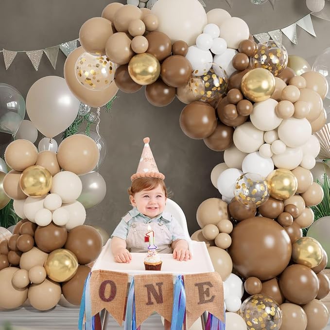 CboDeco Brown Balloon Garland Arch Kit 141PCS Brown Boho Neutral White Gold Latex Metallic Confetti Balloons for Safari Neutral Bear Baby Shower Birthday Party Decorations