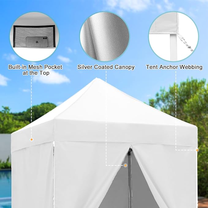 5x5 Pop Up Canopy Tent with Four Sidewalls, Instant Portable Beach Canopy, Outdoor Tent with Carry Bag for Camping, Sports, Tailgating, Events, White